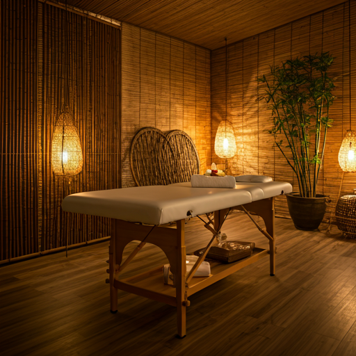 Interior lujoso de spa con camilla de masaje y ambiente zen